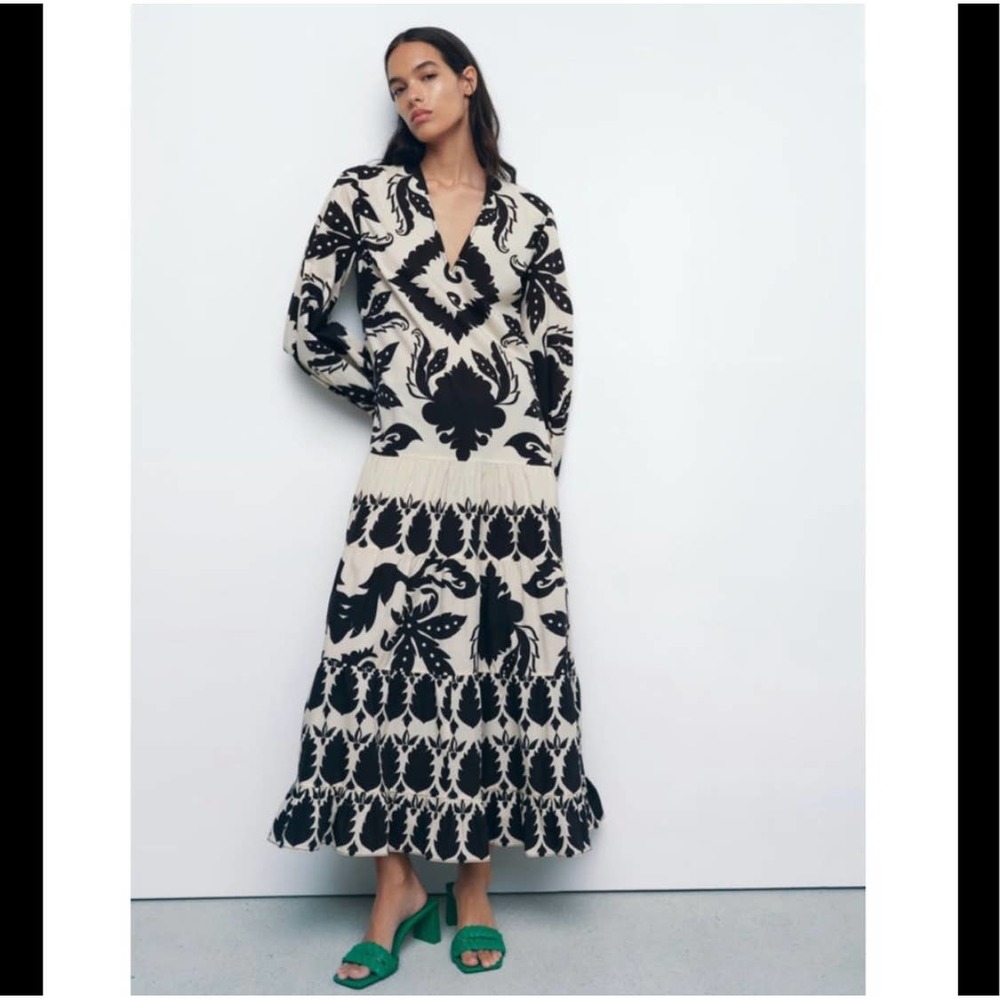 Zara Black White Print Tiered Maxi Dress XS